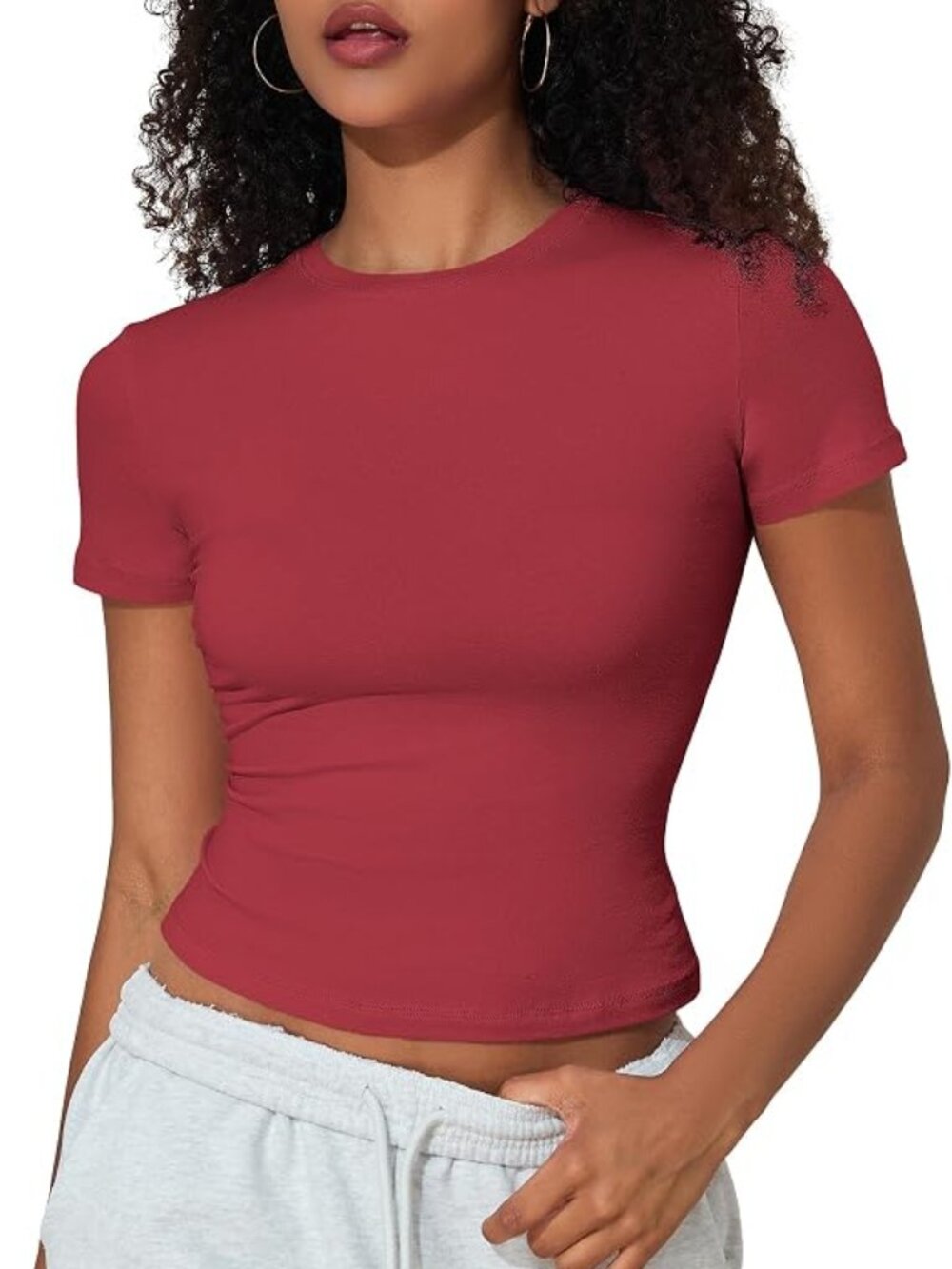 Red Crewneck Cotton Tight Fit Baby Tee Women Casual Summer Crop Top